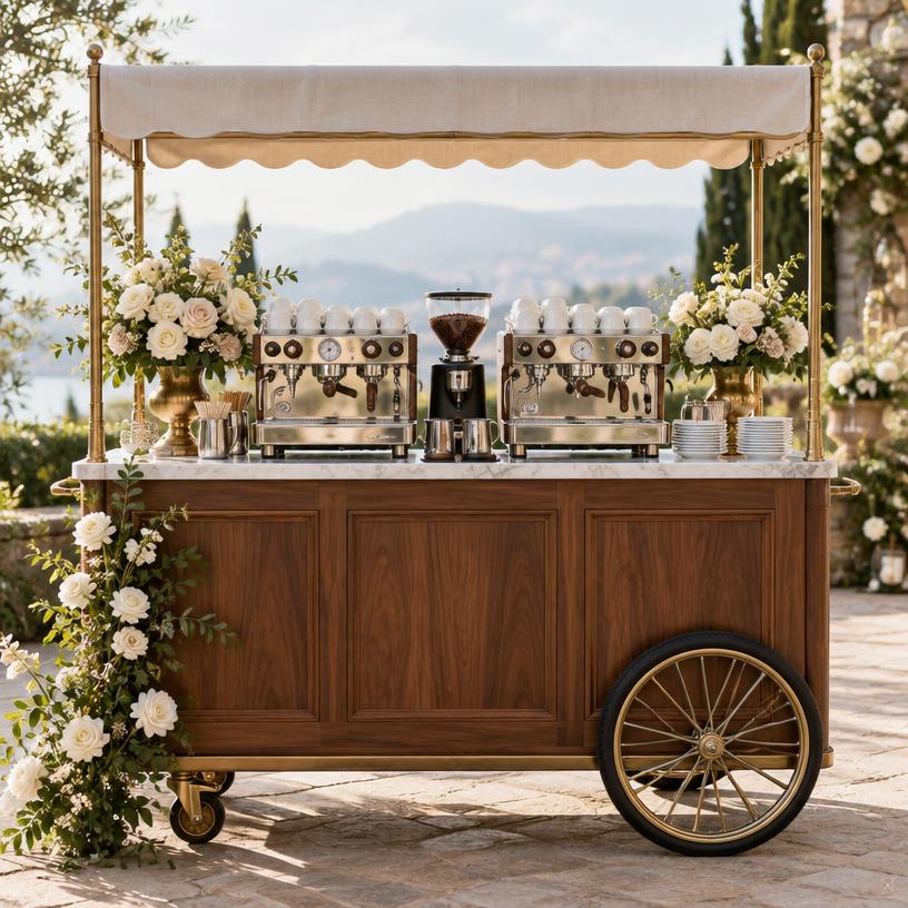 A fully equipped event cart with a natural stone surface