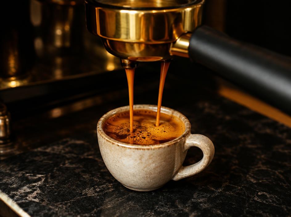 Fresh espresso flowing from a solid brass portafilter onto a natural stone countertop