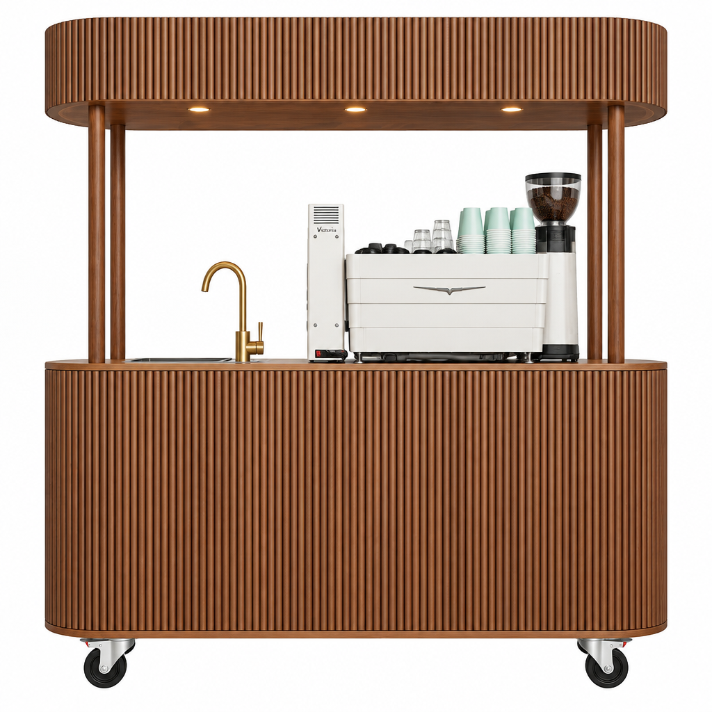 Grande Mobile Coffee Cart — a fully equipped mobile barista bar with a curved fluted wooden body and a canopy