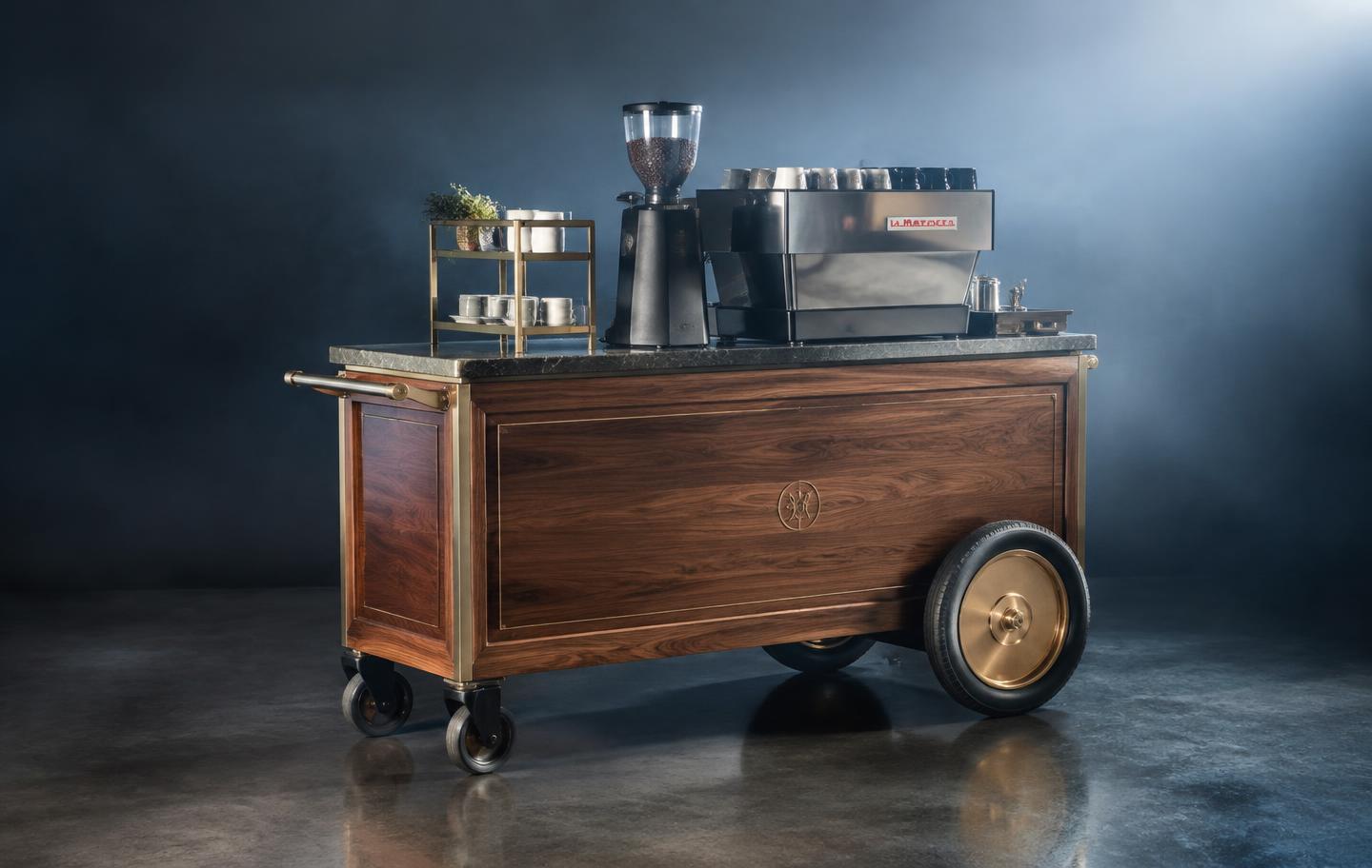 A Mobile Coffee Cart displayed on a polished concrete floor