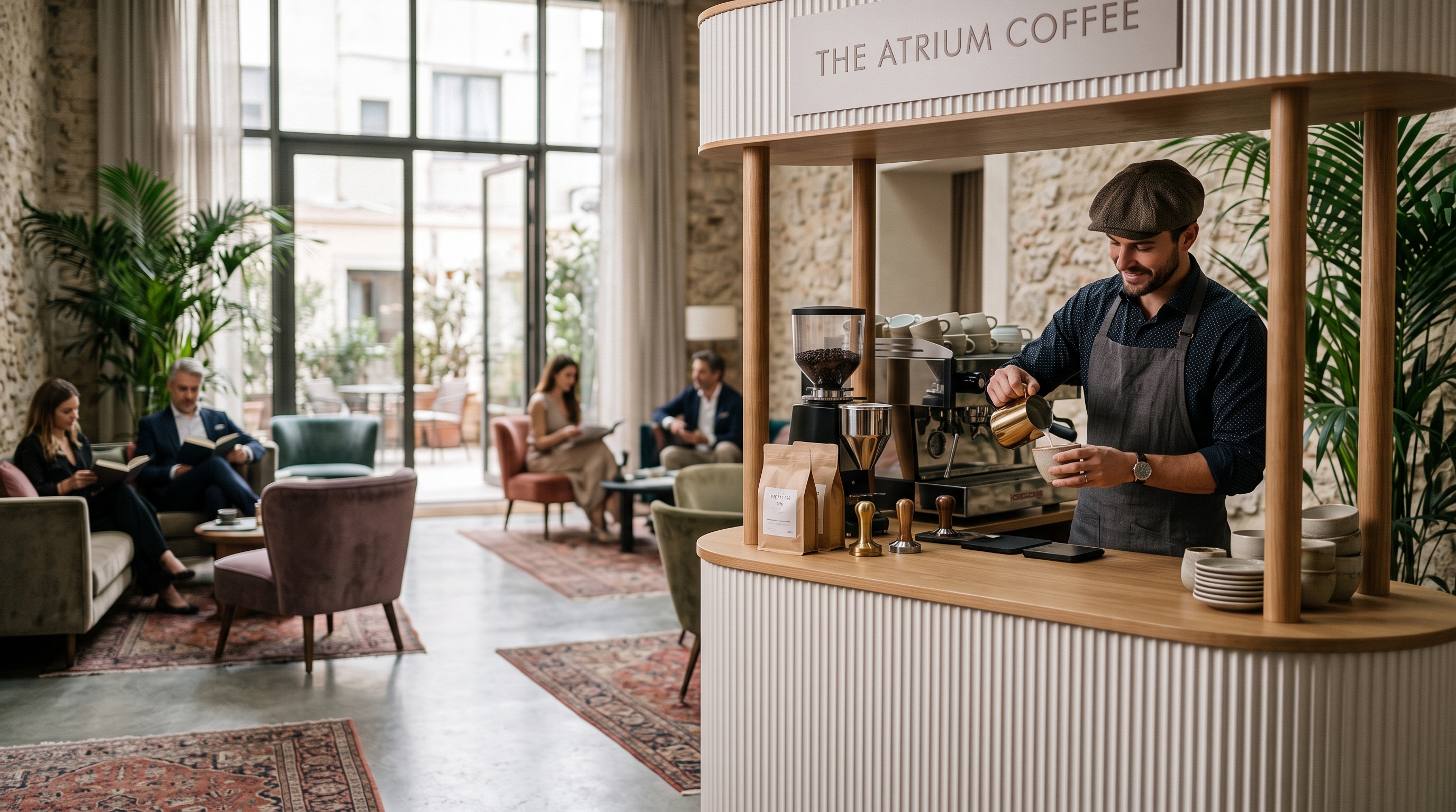 A fluted Mobile Coffee Cart served by a barista in a bright hotel atrium