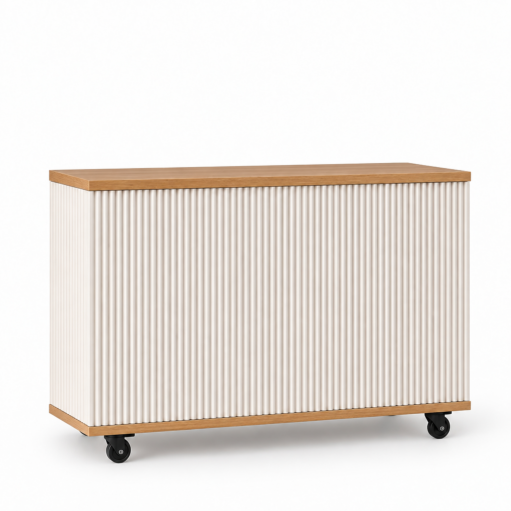 Nordic Bar Mobile Coffee Cart — a wide rectangular mobile bar counter with a cream vertical fluted body, light oak countertop, and no canopy