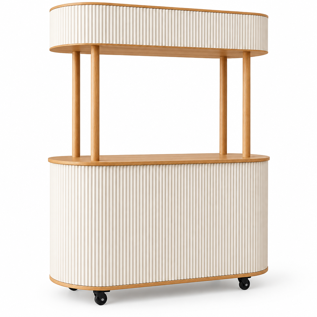 Nordic Mobile Coffee Cart — a Scandinavian-style mobile coffee cart with a cream vertical fluted body, light oak frame, and a canopy