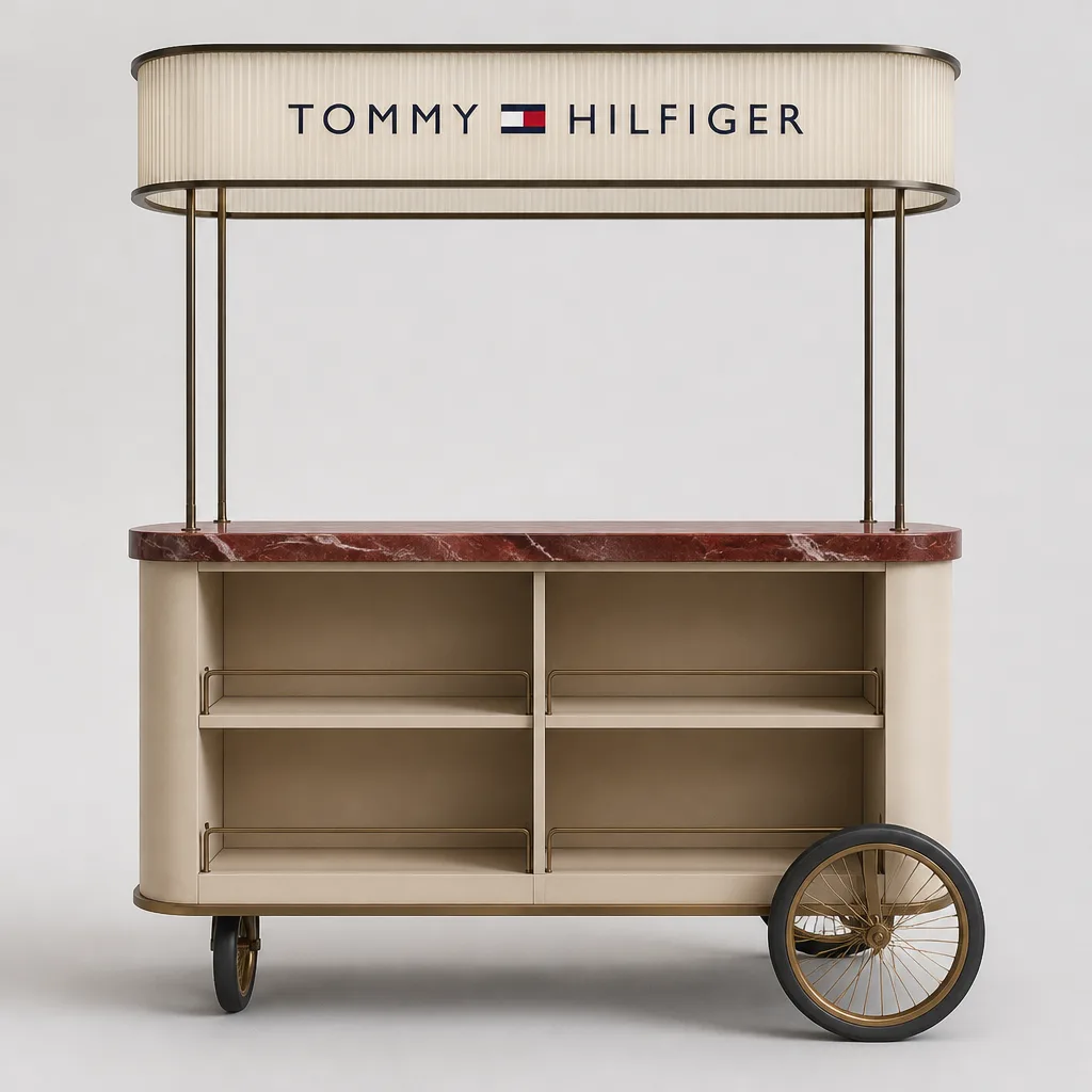 Marble Bar Coffee Cart — a luxury bar coffee cart with a backlit signage box, natural marble countertop, and brass legs