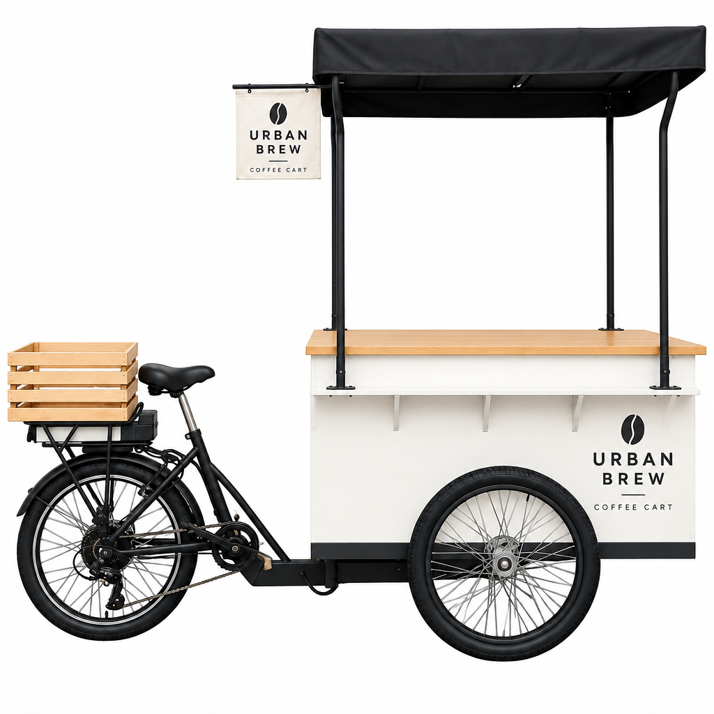 Urban Coffee Bicycle — a three-wheeled mobile coffee bicycle with a white cabinet, oak countertop, black canopy, and a front wooden crate
